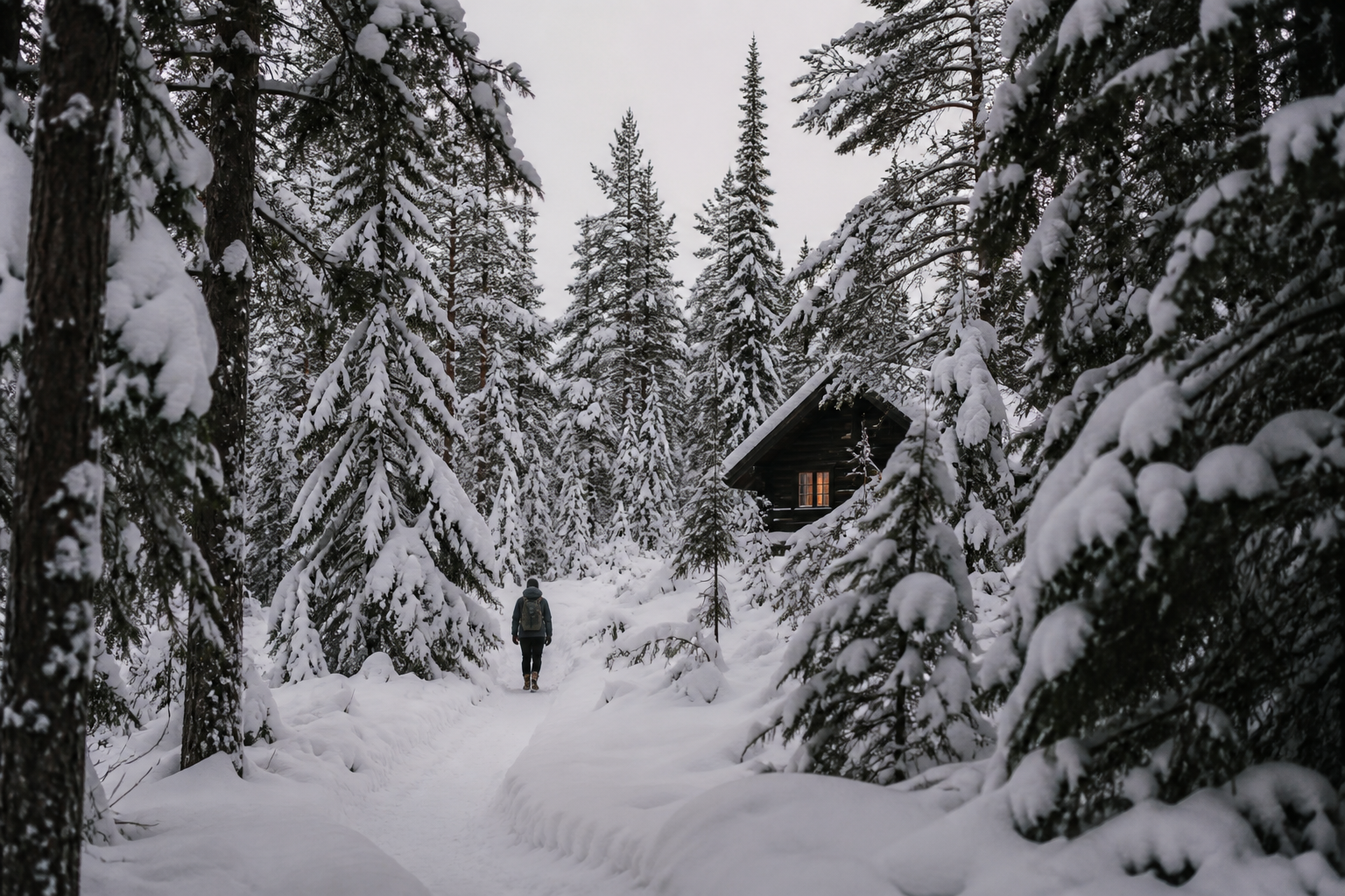A traveller walking through a deep snow-covered conifer forest